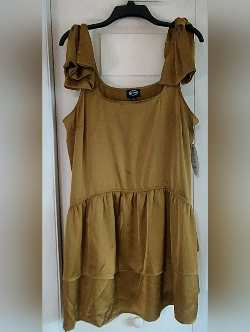 Scoop Womens XL Bow Tiered Ruffle Mini Dress Olive Dust Slinky Satin Party NWT